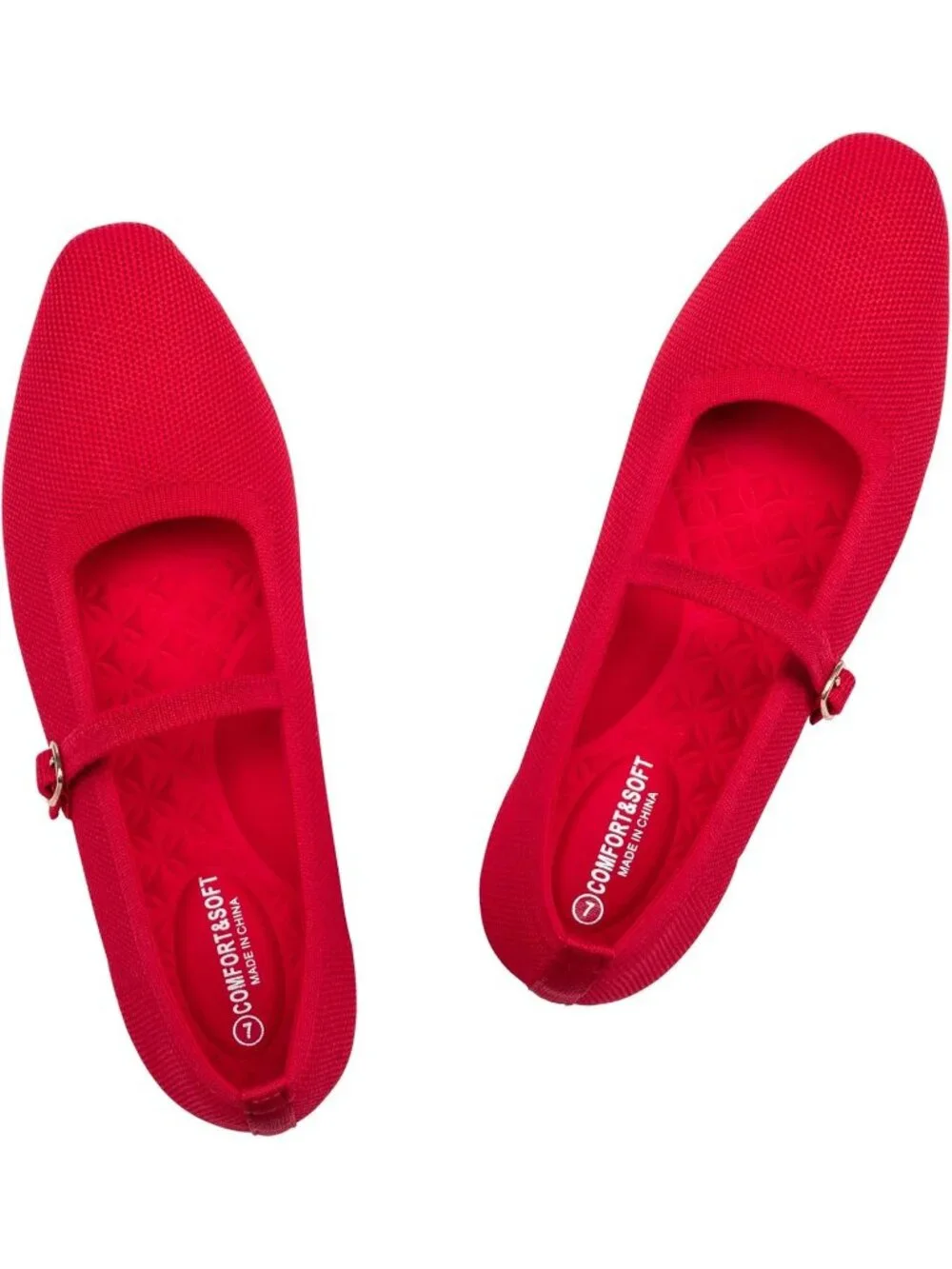 Women's Red Rubber Knit Square Toe Ballet Flats With Strap Comfortable Shoes